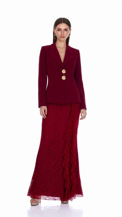 Bordo Güpür Etekli Blazer Abiye  Takım